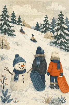 Snowy Pine Forest with Children and Snowman