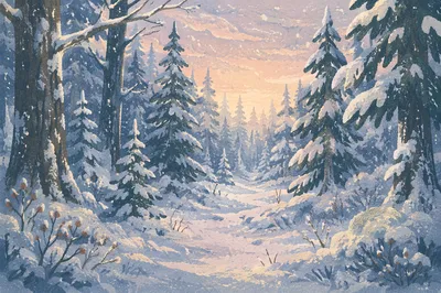 Snow Covered Pine Trees in Winter Forest