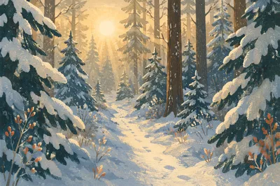 Snow Covered Pine Trees at Sunrise