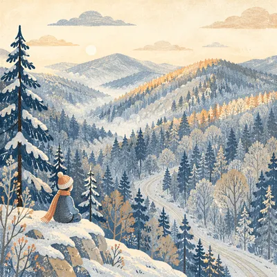 Serene Snowy Forest Hills at Dawn
