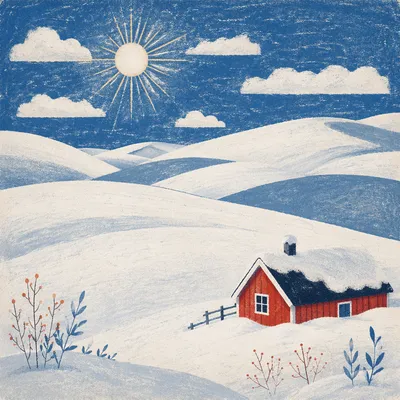 Serene Snowy Hills With Red Cabin