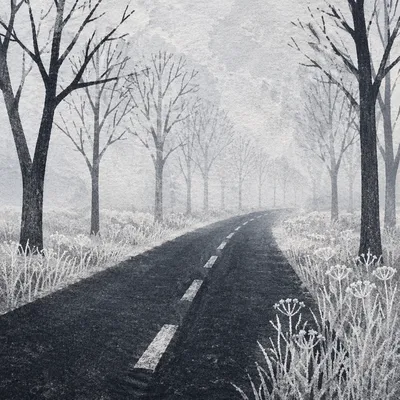 Foggy Winter Road Through Frosted Trees