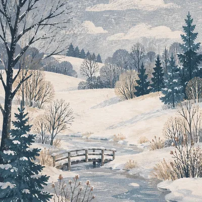 Quiet Snowy Parkland with Frozen Footbridge