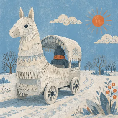 Whimsical Snow Cart in Winter Field