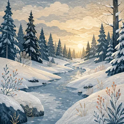Serene Snowy Woodland with Frozen Stream