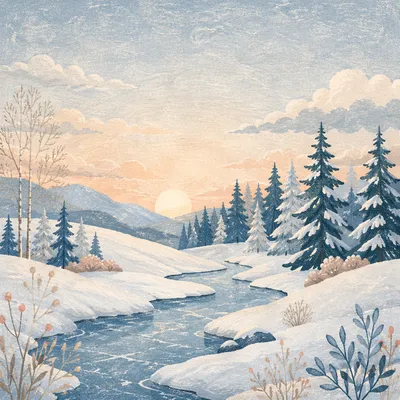 Quiet Snowy Valley at Winter Sunrise
