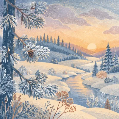 Peaceful Snowy Winter Dawn Landscape