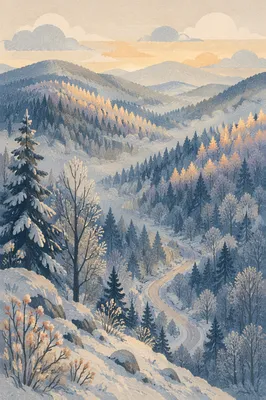 Snowy Winter Forest Hills at Sunrise