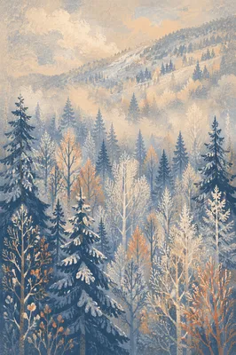 Snowy Forest Hillside in Morning Mist