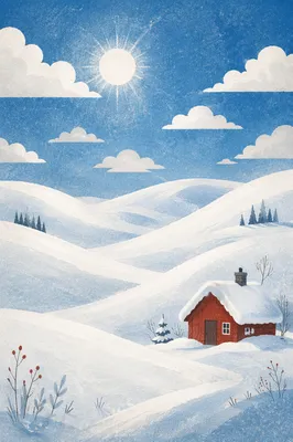 Serene Snowy Hills With Red Cabin