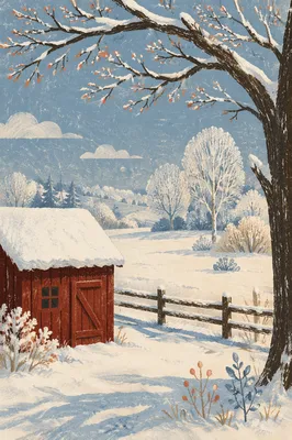 Snowy Countryside Shed in Quiet Winter Morning