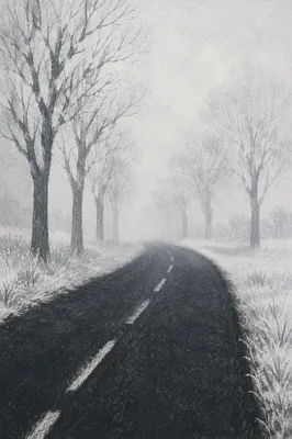 Foggy Winter Road Through Frosted Trees