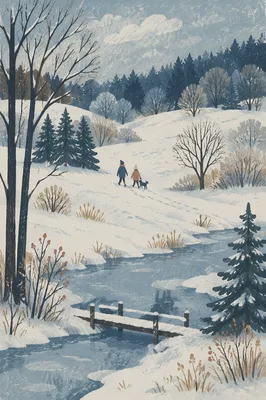 Quiet Snowy Winter Parkland with Footbridge