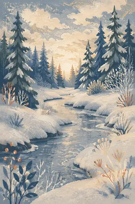 Quiet Snowy Woodland Stream at Dawn
