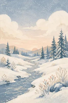 Quiet Snowy Valley at Winter Sunrise