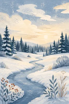 Quiet Snowy Winter Landscape at Dawn