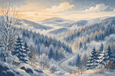 Serene Snowy Forest Hills at Dawn