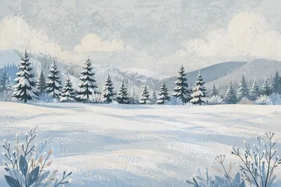 Quiet Snowy Meadow and Frosted Pines