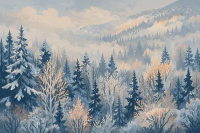 Serene Snowy Forest Morning Landscape