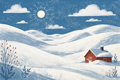 Serene Snowy Hills With Red Cabin