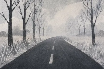Misty Winter Road Through Frosted Trees