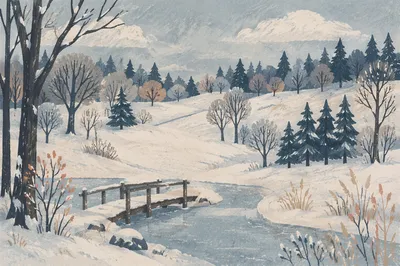 Quiet Snowy Winter Parkland with Footbridge