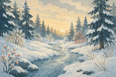 Quiet Snowy Woodland with Frozen Stream
