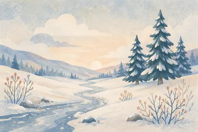 Quiet Snowy Valley at Winter Sunrise