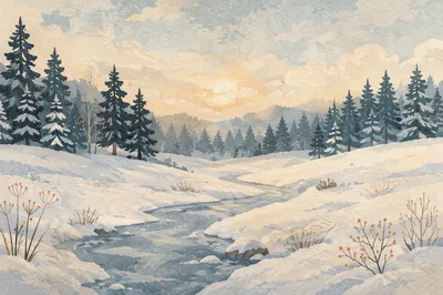 Quiet Snowy Winter Landscape at Dawn
