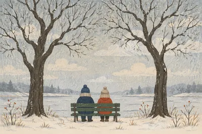 Quiet Snowy Park Bench at Frozen Lakeside