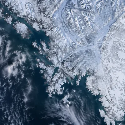 Snowy Winter Coastline from Orbit