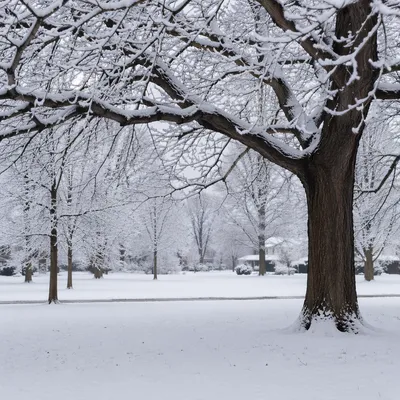 Quiet Snowy Park in Winter Morning