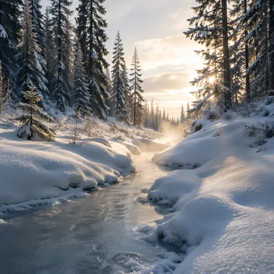 Quiet Snowy Woodland Stream at Dawn