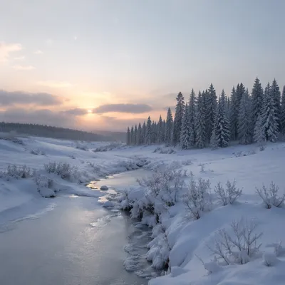 Snowy Winter Valley at Quiet Sunrise