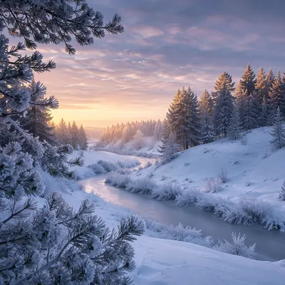 Peaceful Snowy Dawn Over Winter Hills