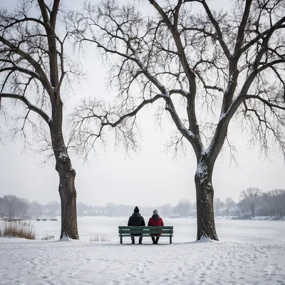 Quiet Snowy Park Bench in Winter