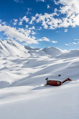 Serene Snowy Hills With Red Cabin