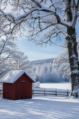 Snowy Winter Countryside with Red Shed