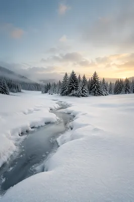 Snowy Winter Stream Through Quiet Forest