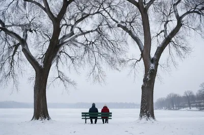 Peaceful Snowy Park Bench by Frozen Lake