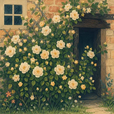 Spring Climbing Rose by Cottage Doorway