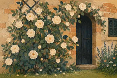 Spring Rose Trellis by Cottage Doorway