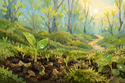 Fresh Spring Shoots in Dewy Woodland Soil