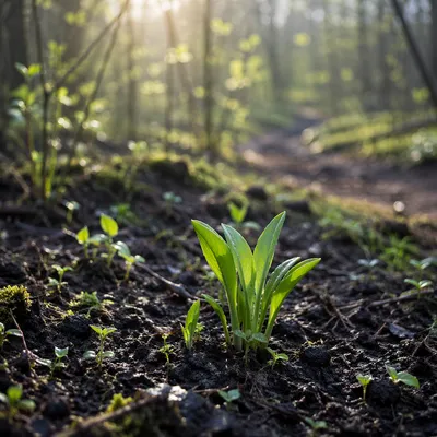 Fresh Spring Shoots in Morning Woodland