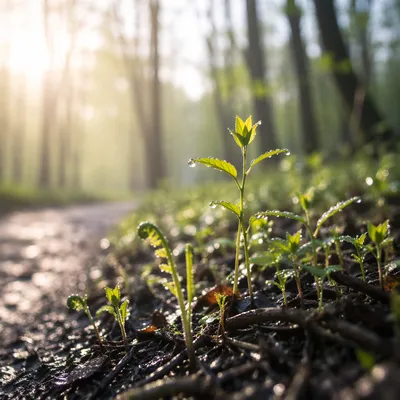 Fresh Spring Shoots on Woodland Path