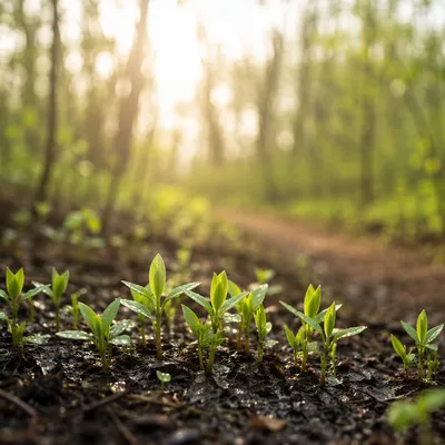 Fresh Spring Shoots in Morning Woodland Light