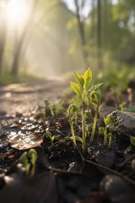 Fresh Spring Shoots in Morning Woodland Light