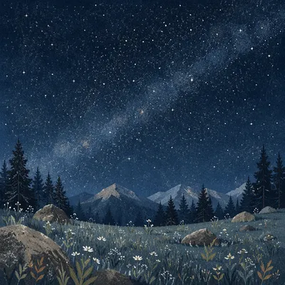 Peaceful Starry Night Over Alpine Meadow