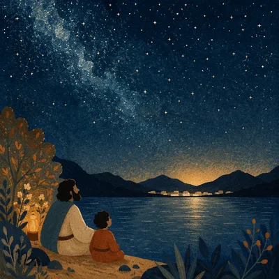 Starry Lakeshore Night with Golden Horizon