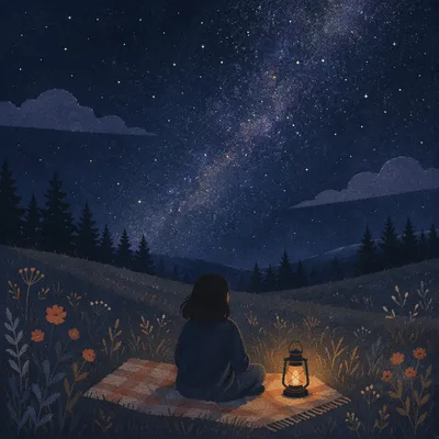 Contemplative Figure Beneath Starry Meadow Sky